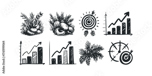 Drawn business growth icons with plants and target symbols