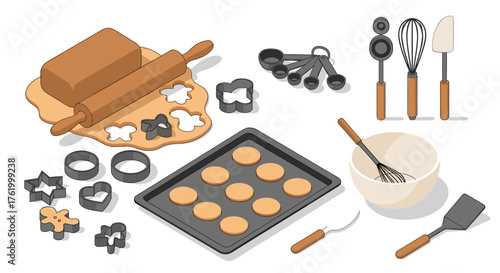 Baking essentials in isometric style: cookie cutters, tools, and ingredients