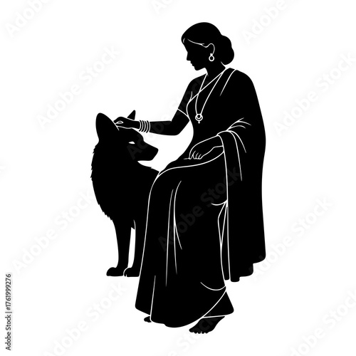 Woman petting wolf silhouette black