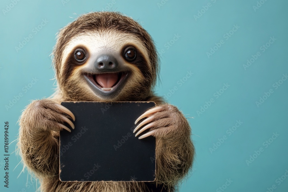 Fototapeta premium Animal ready for brand. Cute baby animal sloth hold in front paws a template - large dark black zoo sign. Smiling pet for promo. Isolated baby animal on a solid uniform blue background.
