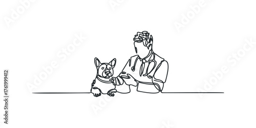 Line Drawing of Veterinarian Examining Small Dog