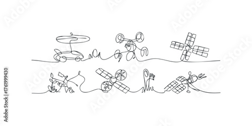 Single line drawing of space vehicles and plants