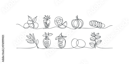 Continuous line drawing of various fruits and vegetables