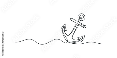 Anchor in the sea waves line drawing