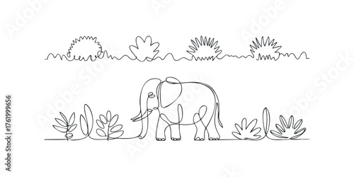 Single line drawing of an elephant with tropical foliage