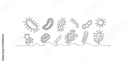 Collection of single line drawings of various bacteria and microbes