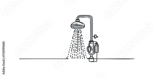 Line drawing of a functioning shower head with water falling