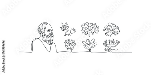 Continuous line drawing of bearded man and floral forms