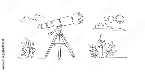 Telescope on tripod with cloudy sky and plants