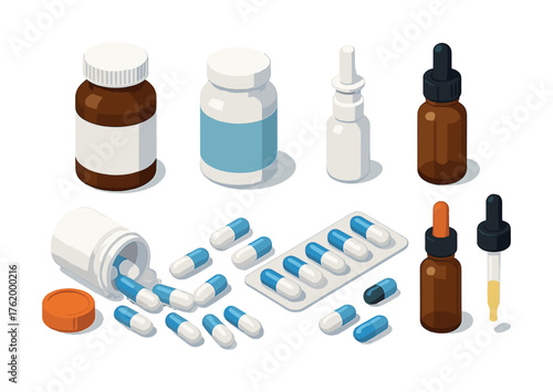 Assorted medication bottles and pills in various forms and packaging
