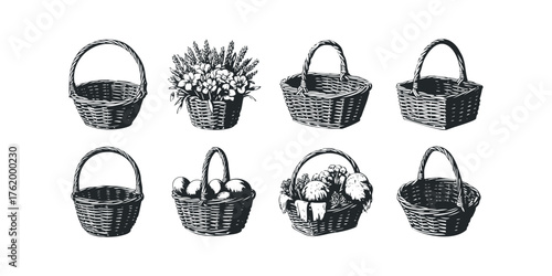 Assortment of Woven Baskets with Floral and Produce Fillings