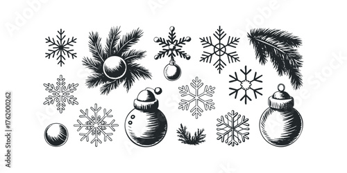 Black and white Christmas elements including snowflakes, baubles, and pine branches