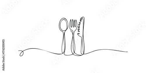 Single Line Drawing of Spoon Fork and Knife