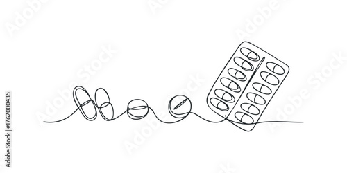 Single line drawing of medicine pills in blister pack