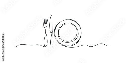 Minimalist black line art of cutlery and plate