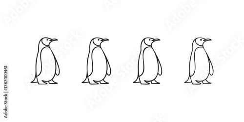 Four simple outline penguins standing in a row