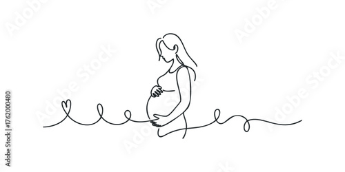 Pregnant woman in continuous line art holding belly gently