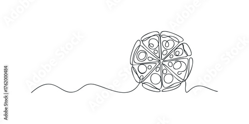 Continuous line drawing of a pizza slice with round toppings