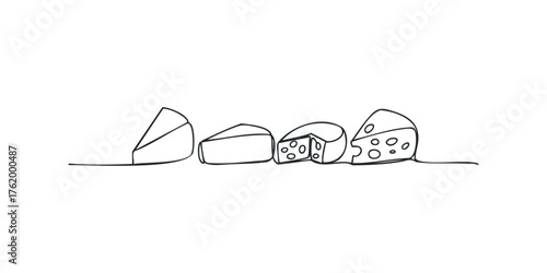 Minimalist drawing of cheese wedges and wheel on white
