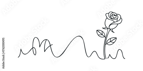Single line drawing of a rose flower with leaves on white background