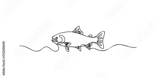 Single line drawing of a fish in water