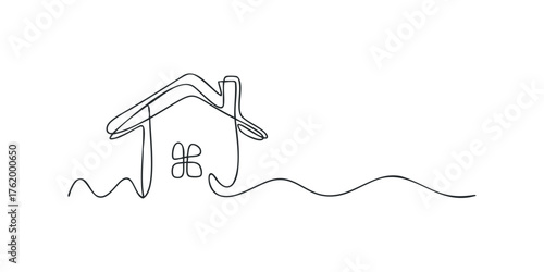 Simple house outline with wavy ground in one line