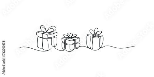 Three Gift Boxes with Bows Continuous Line Drawing