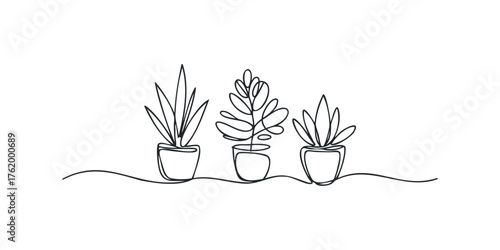 Three potted plants outlined in a single continuous line