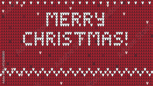 Holiday banner Merry Christmas. Knitted red blanket background with greeting text. Congratulatory cozy homey cute design, vector graphic