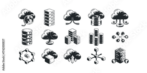 Cloud data storage and server icons set isometric style
