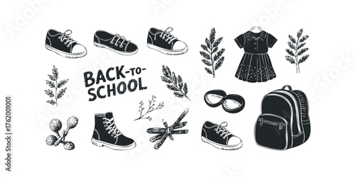 Collection of black ink school supplies and clothing icons