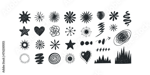 Collection of Hand Drawn Starburst Heart Swirl and Sun Shapes