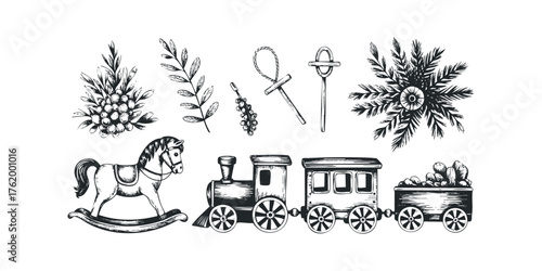 Vintage toy train and rocking horse with festive foliage