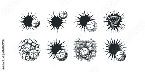 Basketball icons with abstract splash shapes and brick wall