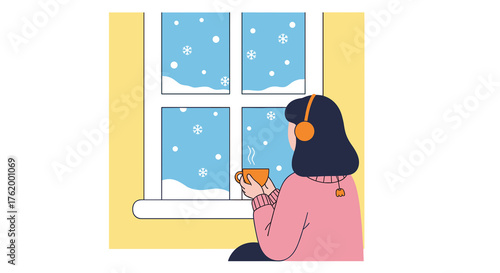 Woman enjoying slow morning while sipping tea by window in winter  