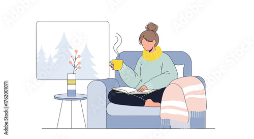 Woman resting with cocoa and gentle winter light in minimalist coziness  