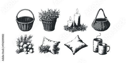 Collection of Hand-Drawn Household Items and Natural Elements