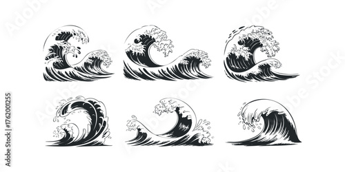 Six Stylized Line Drawings of Crashing Ocean Waves
