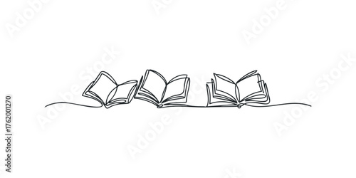 Three open books in a continuous line drawing style