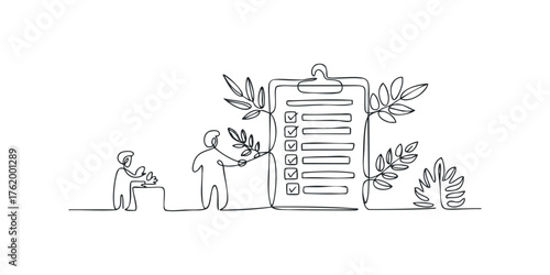 Two figures interact with a checklist and plants