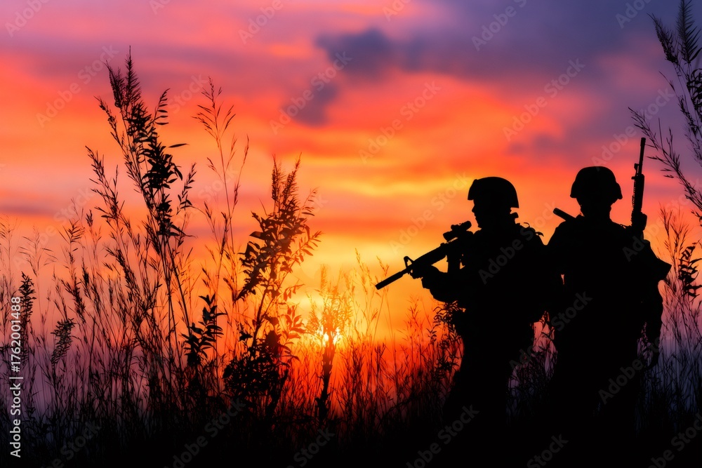 Fototapeta premium Soldiers patrolling at sunset backlit by colorful sky