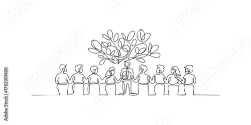 Group of people holding hands around a stylized tree