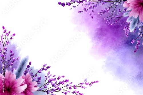 Purple pink watercolor flowers border with copy space