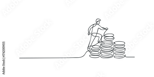 Man climbs stack of coins symbolizing financial growth and success