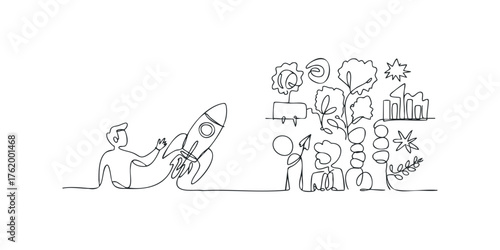 Man launching rocket next to group of abstract figures and symbols