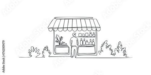 Single line drawing of a person at a market stall
