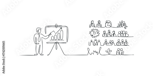 Person presenting business graph on easel with audience watching