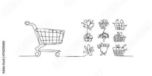 Shopping cart and stylized floral and gift elements drawn with one line