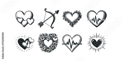 Collection of eight black and white heart graphics with romantic and medical themes