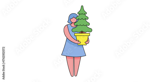 Woman carrying a small potted pine tree for Eco New Year  